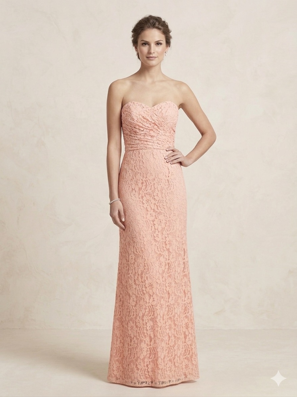 David's Bridal Blush Pink Strapless Lace Long Gown Dress Sz 4